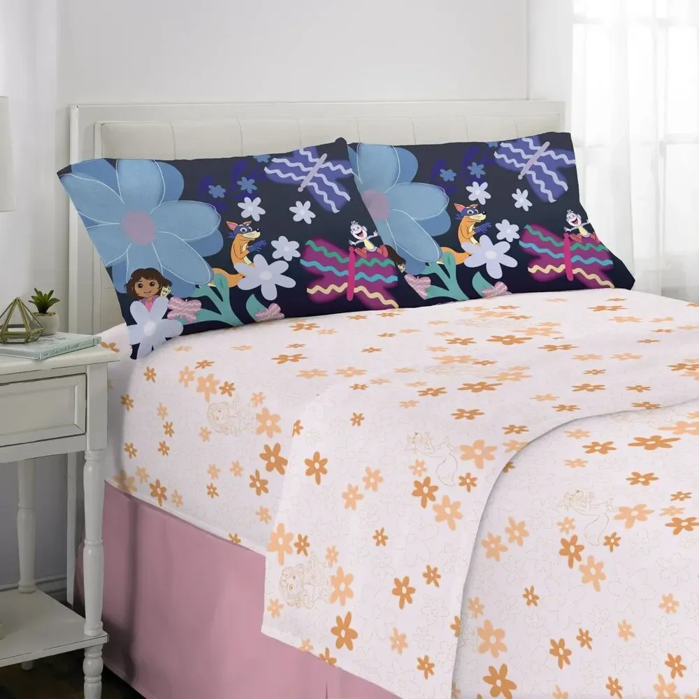 Dora the Explorer Kids 4 Piece Pink Orange Floral Sheet Set, Full Size NWT